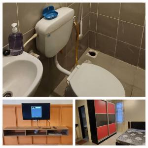 two pictures of a bathroom with a toilet and a tv at Hayyan Homestay in Kuantan