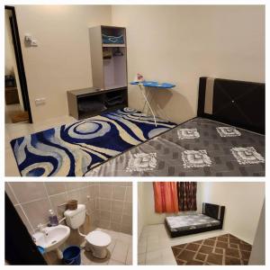 two pictures of a room with a bed and a bathroom at Hayyan Homestays in Kuantan