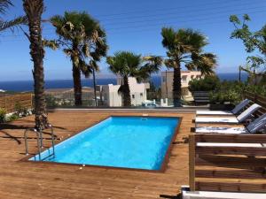 a pool with palm trees and a view of the ocean at Cretan Luxury Villa by Smaris Collection in Kokkíni Khánion