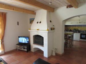 ein Wohnzimmer mit einem Kamin und einem TV in der Unterkunft Villa romantique avec Poolhaus in Cotignac