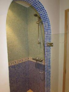 ein Bad mit einer Dusche und einer blau gefliesten Wand in der Unterkunft Villa romantique avec Poolhaus in Cotignac