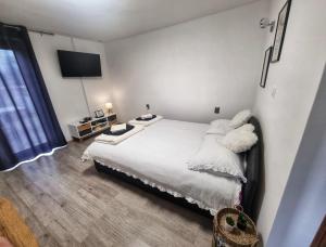 a bedroom with a white bed and a television at Soba - Room - Zimmer M in Karlovac