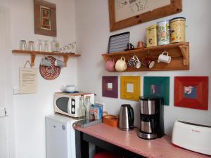 a kitchen with a counter with a microwave and a refrigerator at Chambre d'hôte & coin petit-déjeuner in Camaret-sur-Mer