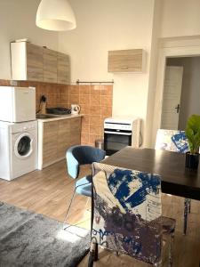 a kitchen with a table and chairs and a kitchen with a washing machine at Muchovka Apartment in Prague