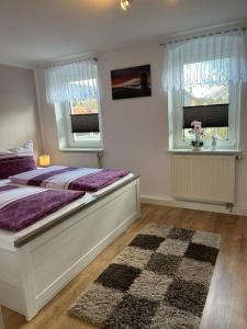 een bed in een slaapkamer met 2 ramen en een tapijt bij Ferienwohnung Streit in Kurort Gohrisch