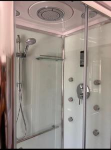 a shower with a glass door in a bathroom at La Casa di Orazio in Montecatini Val di Cecina