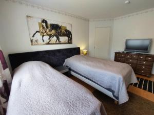 a bedroom with two beds and a flat screen tv at Paritalohuoneisto, semi-detached house in Hyvinkää