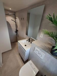 ein Badezimmer mit einem WC, einem Waschbecken und einem Spiegel in der Unterkunft Appartement Orchidee - De Haan incl. privé parking in De Haan