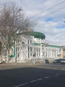 a large white building with a green roof on a street at Arnautskaya apartments in Odesa