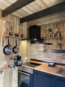 a kitchen with wooden walls and a counter with pots and pans at gezellige cottage in zeeland in Sint Annaland