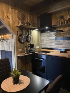 una cocina con una mesa y una estufa en gezellige cottage in zeeland, en Sint Annaland