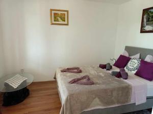 a bedroom with a bed with purple pillows and a table at Apartman Ličanka in Muškovci