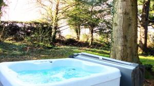 a bath tub sitting next to a tree at Boann 5 - Hot Tub-Hunting Tower Lodges-Luxury-Families-Romantic in Perth