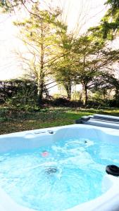 a jacuzzi tub with water and trees in the background at Morrigan 7-Hot Tub-Pet Friendly-Boutique-Perthshire-Families in Perth