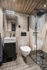 La salle de bains est pourvue de toilettes, d'un lavabo et d'une douche. dans l'établissement Stor familiehytte på Bjorli, à Bjorli