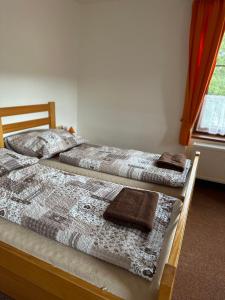 two beds sitting next to each other in a bedroom at Chata Polka in Horní Vltavice