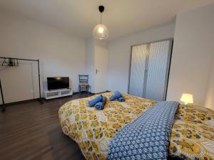 um quarto com uma cama com almofadas azuis em Gîte du Braun em Cherbourg en Cotentin