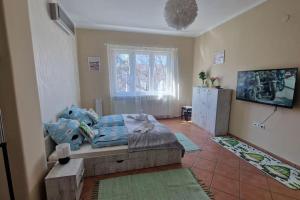 a bedroom with a large bed and a window at Jackpot Apartman in Budapest