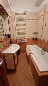 a bathroom with a tub and a sink and a bath tub at Jackpot Apartman in Budapest