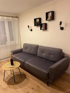 Baloži的住宿－Great 2-room apartment with working space，客厅配有一张皮沙发,设有一张桌子