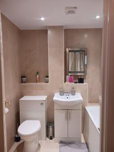 uma casa de banho com um WC, um lavatório e um espelho. em Stanmore em Stanmore