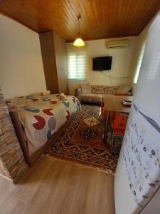 a bedroom with a bed and a living room at Casa Fare in Kalamata