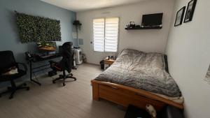 Schlafzimmer mit einem Bett, einem Schreibtisch und einem Computer in der Unterkunft 6 chambres idéales JO 2024 in Jouars-Pontchartrain