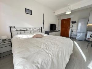 1 dormitorio con 1 cama blanca con manta blanca en Casetta delle Rocche, en Rocca di Mezzo