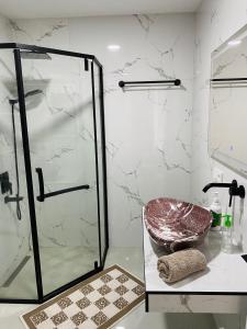 a bathroom with a glass shower and a sink at Apartment 2 bedrooms in Chişinău