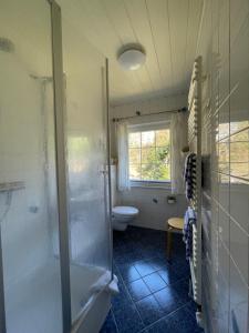 ein Bad mit einer Dusche und einem WC in der Unterkunft Loh Apartments - Wald.Natur.Ruhe. in Undeloh