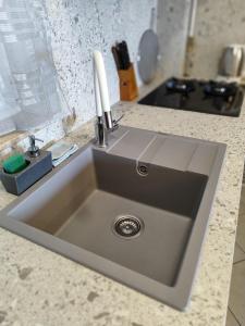 a kitchen sink with a knife on top of it at Apartman Selska in Zagreb