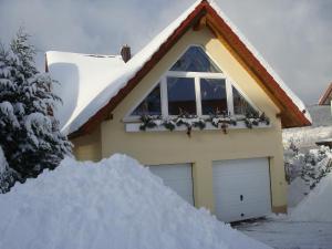 una pila de nieve delante de una casa en Ferienwohnung Bergblick, en Zella-Mehlis