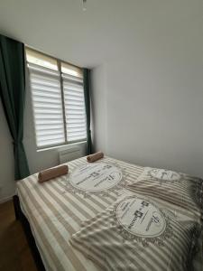 ein Schlafzimmer mit einem Bett mit zwei Kissen darauf in der Unterkunft La Villa Des Vents en bord de mer in Dunkerque