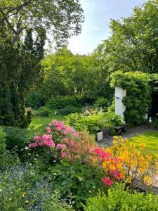um jardim com flores coloridas e uma estrutura branca em Ferienhaus - Zum Findling - em Braunlage