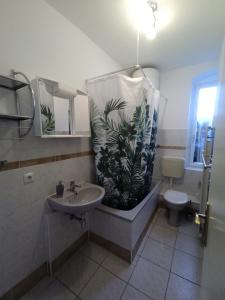 a bathroom with a shower with a fish tank at Ferienwohnungen Familie Winter in Dohna