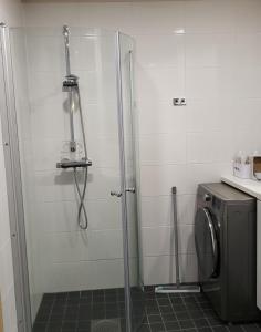 um chuveiro com uma porta de vidro na casa de banho em Arctic Apartment with own Sauna em Rovaniemi