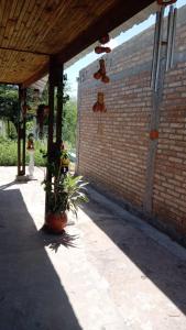 um pátio com uma parede de tijolos e uma planta num vaso em Cabaña La Solanita em Termas de Rio Hondo