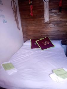 a large white bed with two pillows on it at Cabaña La Solanita in Termas de Río Hondo