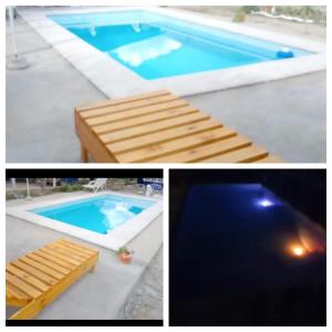 un collage de tres fotos de una piscina en Cabaña La Solanita en Termas de Río Hondo