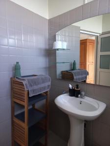 La salle de bains est pourvue d'un lavabo et d'un miroir. dans l'établissement L'Appart 93, à Pointe aux Biches