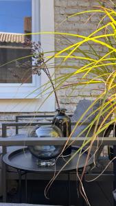 a glass vase sitting on a table with a plant at Angel House Vilnius, 17 in Vilnius