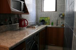 a kitchen with a stove and a sink and a microwave at AZUL marino in Santiago