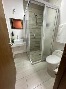 a bathroom with a shower and a toilet and a sink at Santuario De Luna, Departamento in Santa María Tonantzintla