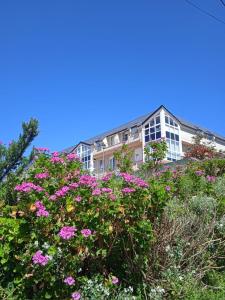 un edificio con flores rosas delante de él en Espasante - Galicia, en Porto de Espasante