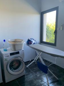 eine Waschküche mit einer Waschmaschine und einem Fenster in der Unterkunft VILLA AVEC PISCINE VUE MONT VENTOUX in Montségur-sur-Lauzon