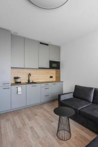 パランガにあるGold holiday Apartments - "Forest Secrets" Mano jūra 2の黒いソファとテーブルのあるリビングルーム