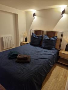 una camera da letto con un grande letto blu con cuscini blu di Charming apartment near La Défense, Paris a Bezons