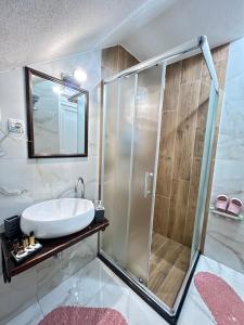 a bathroom with a sink and a shower at Hotel Fjorr in Prizren