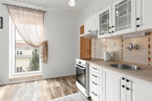 卡羅維發利的住宿－Apartment LYLY，厨房配有白色橱柜、水槽和窗户。