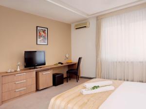 um quarto de hotel com uma cama e uma secretária com uma televisão em Hotel Knezevina em Vranić